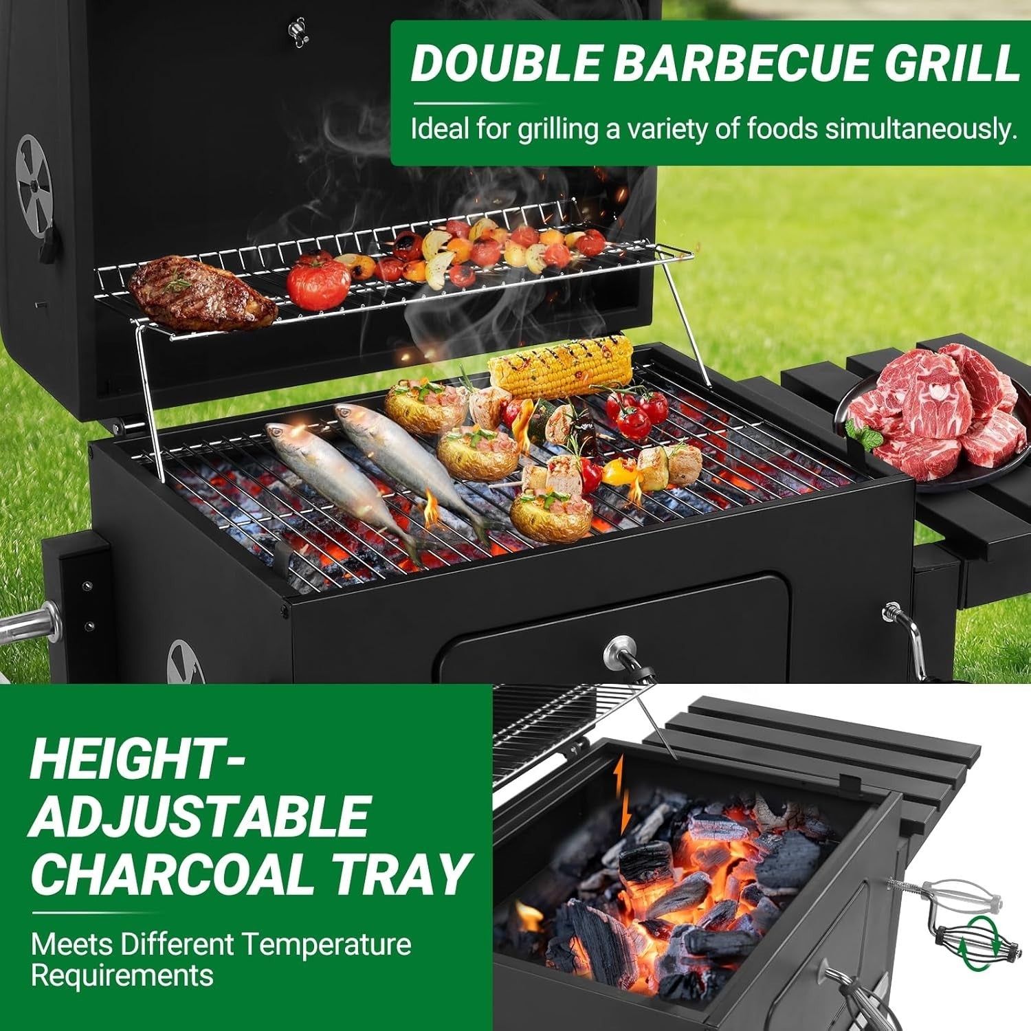 Portable Charcoal BBQ Grill with Folding Side Table, Height Adjustable Tray