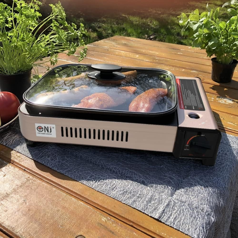 Portable Gas BBQ Grill Stove with Deep Dish Non-Stick Pan & Glass Lid