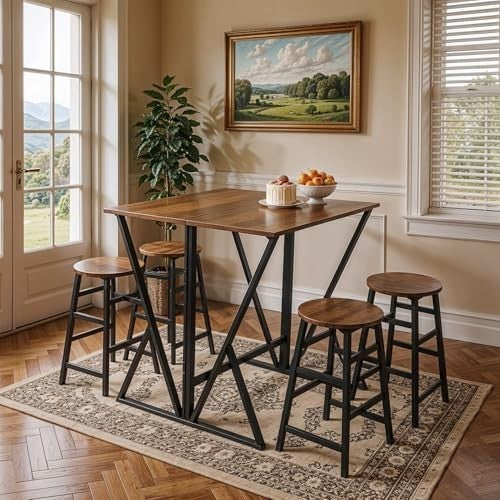 Folding Breakfast Bar Table Set with 4 Stools Space Saving Industrial Design