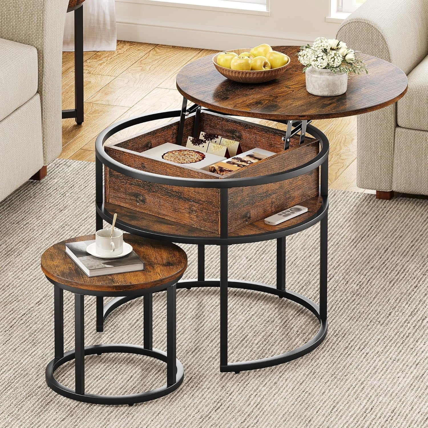 Lift Top Coffee Table Set of 2 Brown Wood Round Nesting Storage Side End