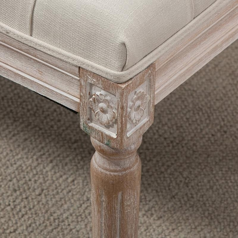 Beige Tufted Fabric End of Bed Bench Seat Vintage Ottoman Stool w/ Wood Legs