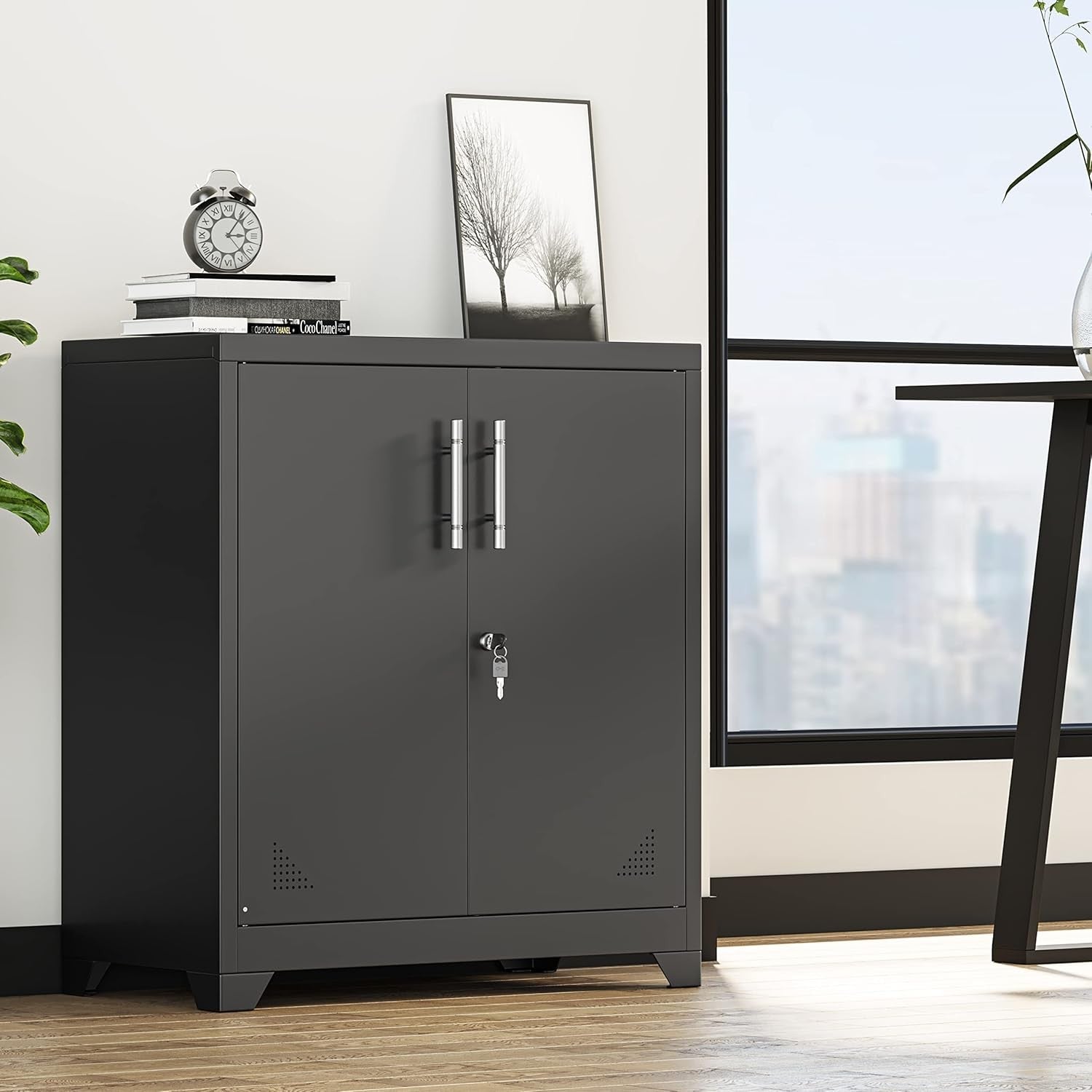 Metal Office Storage Cabinet Lockable Cupboard 2 Shelves 80x40x90cm