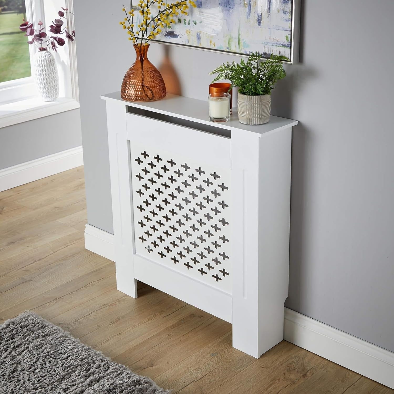 White Radiator Cover Small 78cm Wooden Cabinet with Decorative Grill & Shelf