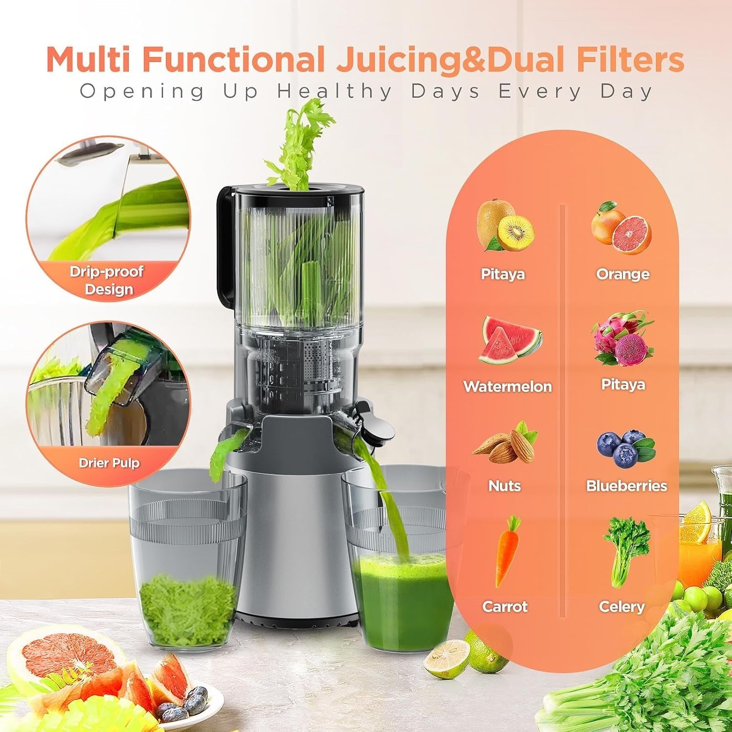 Cold Press Juicer Whole Fruit 5in Feed Chute High Juice Yield Easy Clean