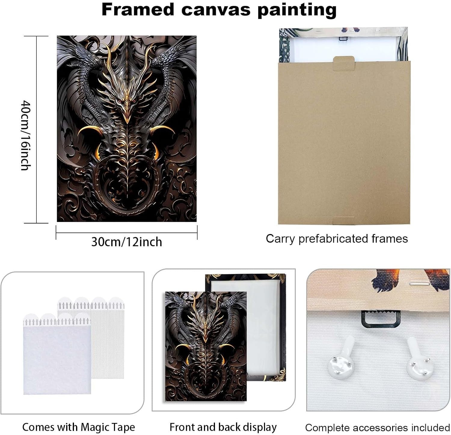 Set of 3 Dragon Canvas Wall Art 12x16 Framed Black Gold Fantasy Decor