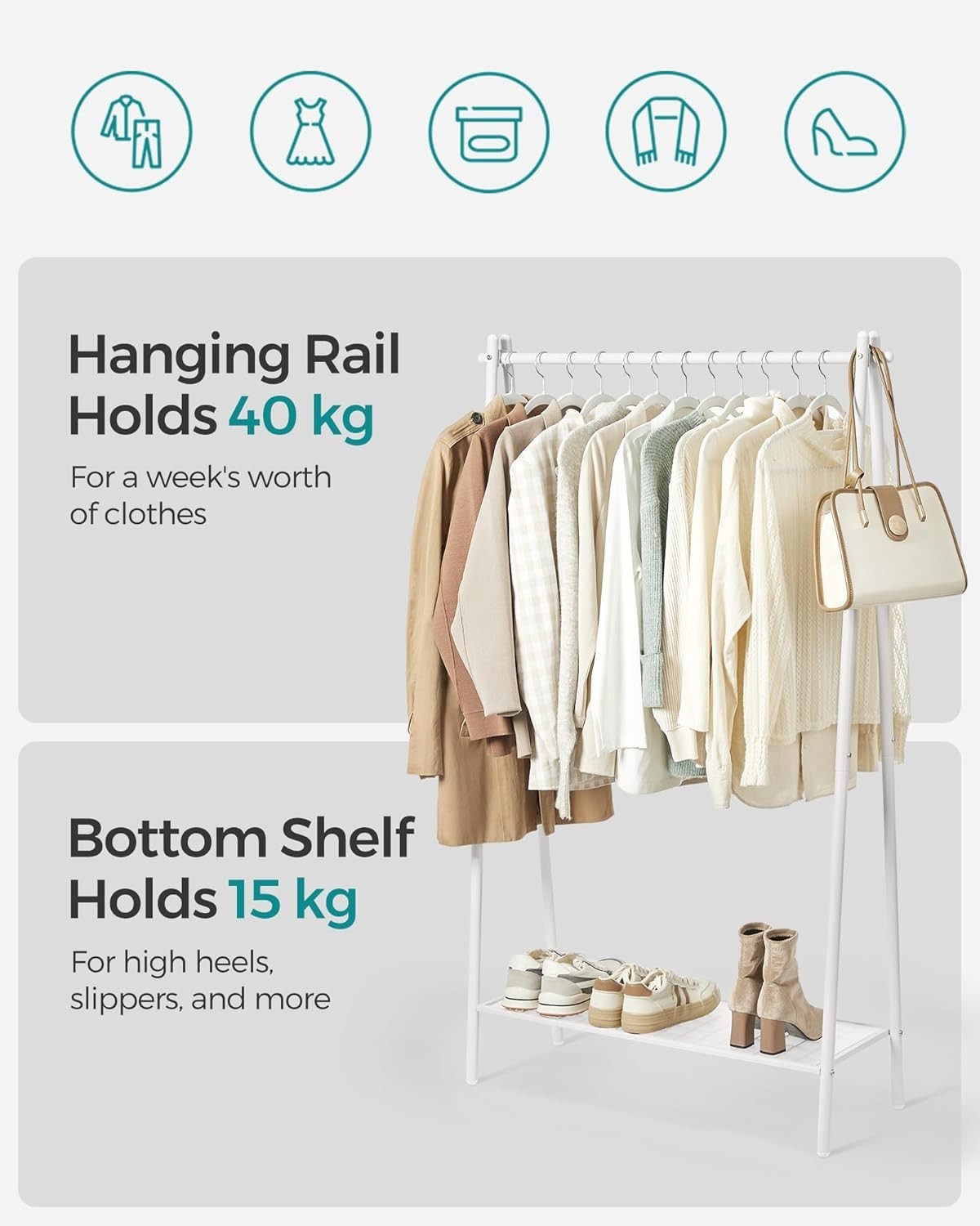 Clothes Rail with Shelf – Heavy Duty White 153cm