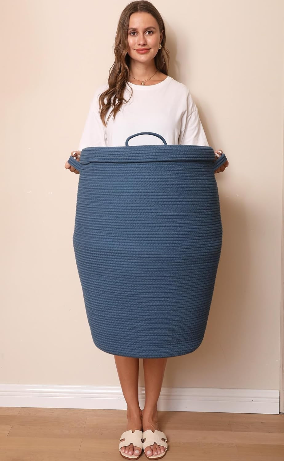 26" Tall Dark Blue Cotton Rope Laundry Basket with Lid Large Woven Storage Bin