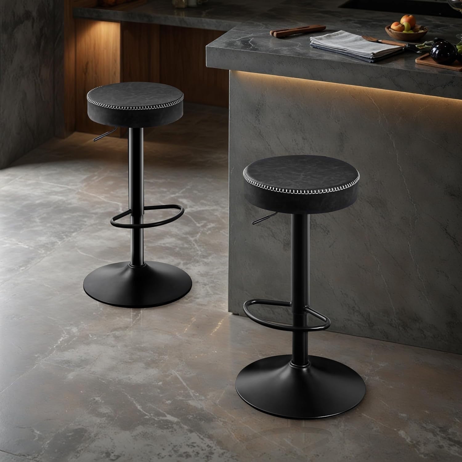 2PCS Ink Black Adjustable Swivel Bar Stools 36cm Round Industrial