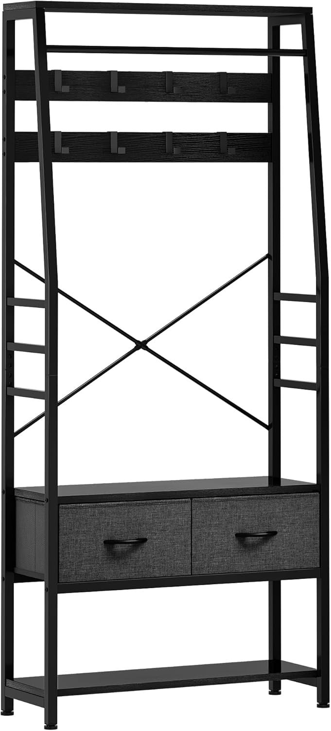 Black Metal Hall Tree Coat Rack | Bench with Shoe Storage & 2 Drawers Organizer