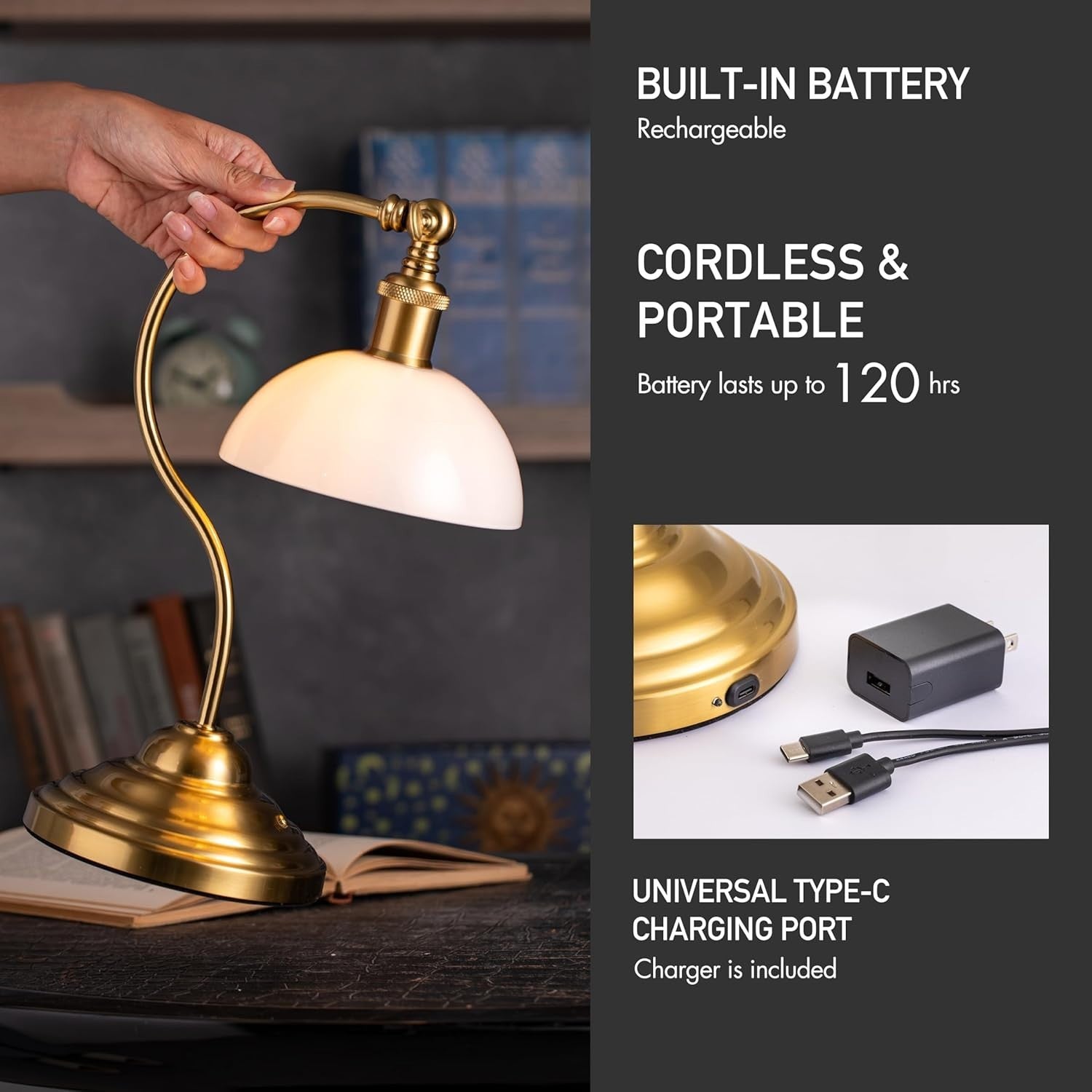 Cordless LED Table Lamp with USB-C, 3-Level Dimming & Swivel Head