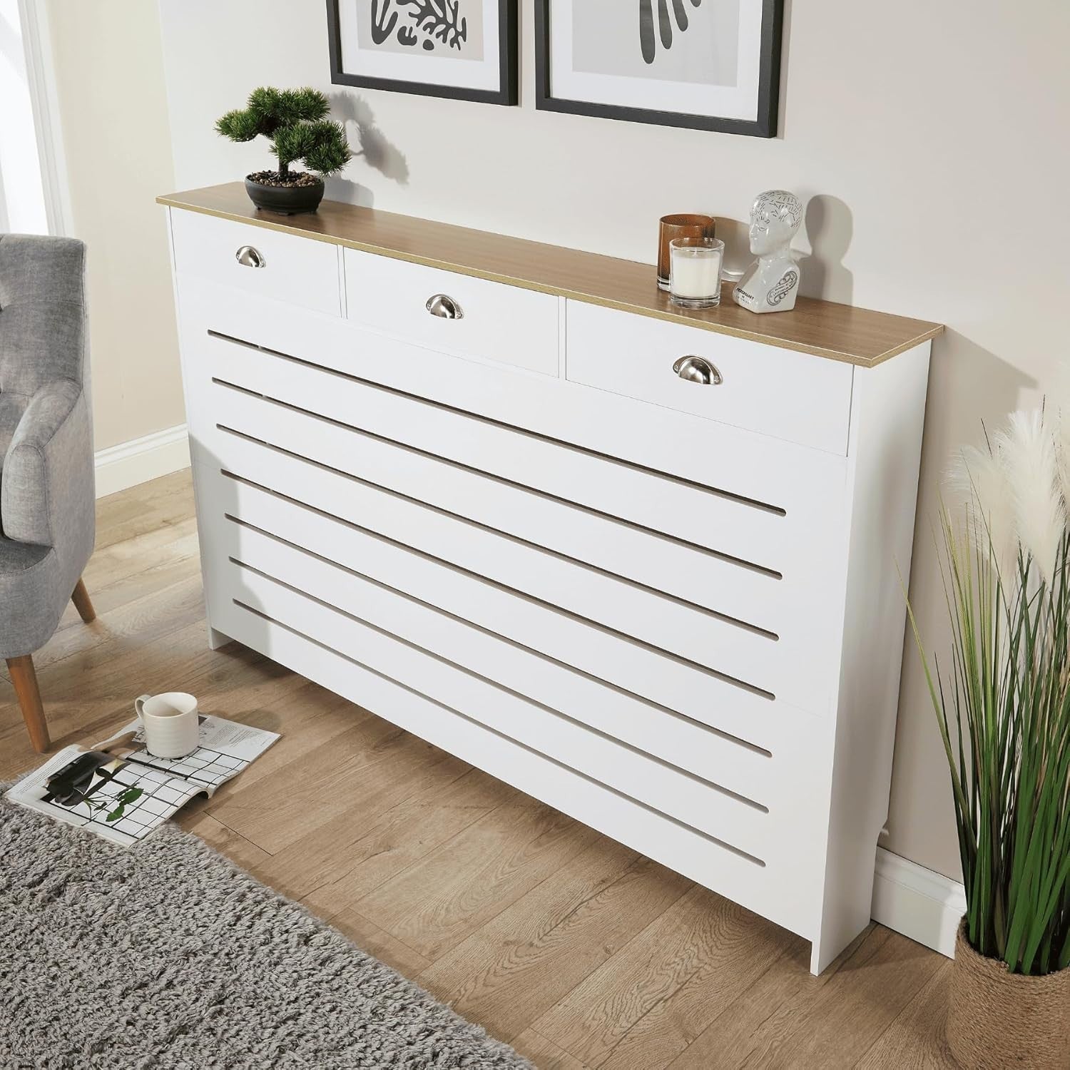 White Radiator Cover with Drawer & Oak Shelf Modern Slatted Cabinet 150cm