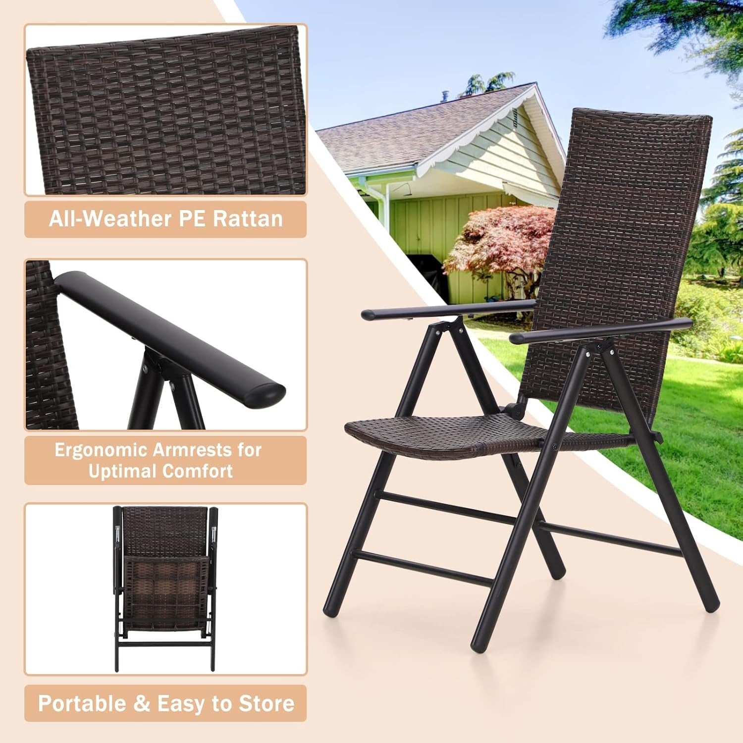 Folding Rattan Garden Chairs Set of 2 Adjustable High Back Patio Seating
