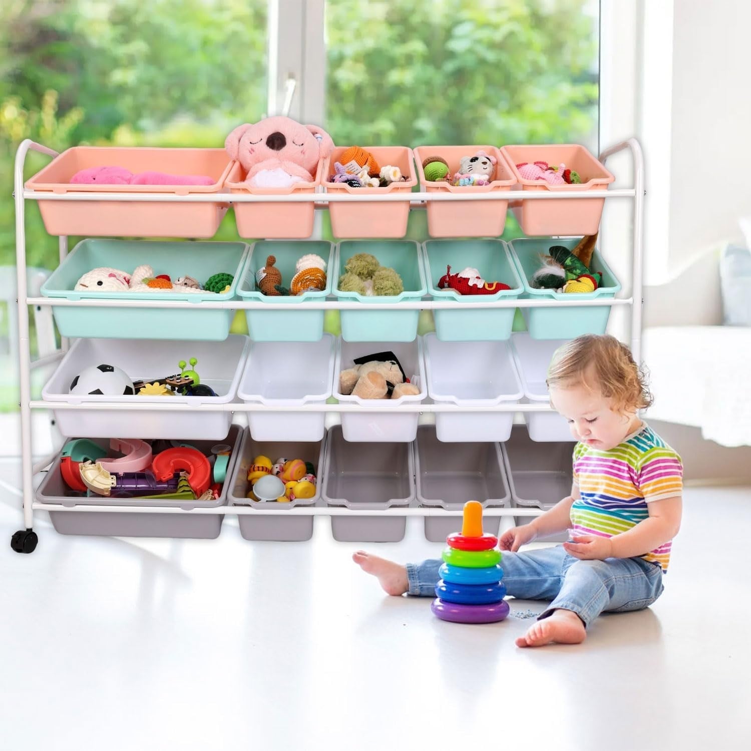 Extra Large Kids Toy Storage Organizer 4 Tier Rack with 20 Bins & Wheels
