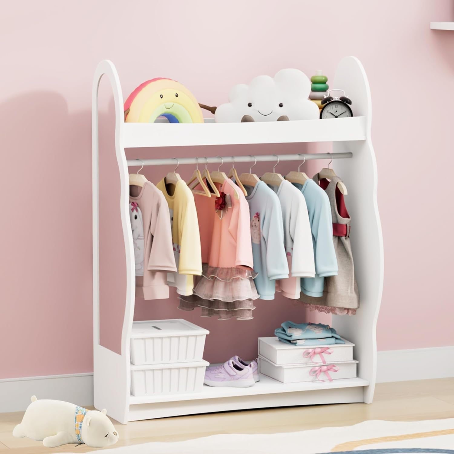 Kids Wardrobe with Mirror & Hanging Rail, No Drawers, White Cloud Design
