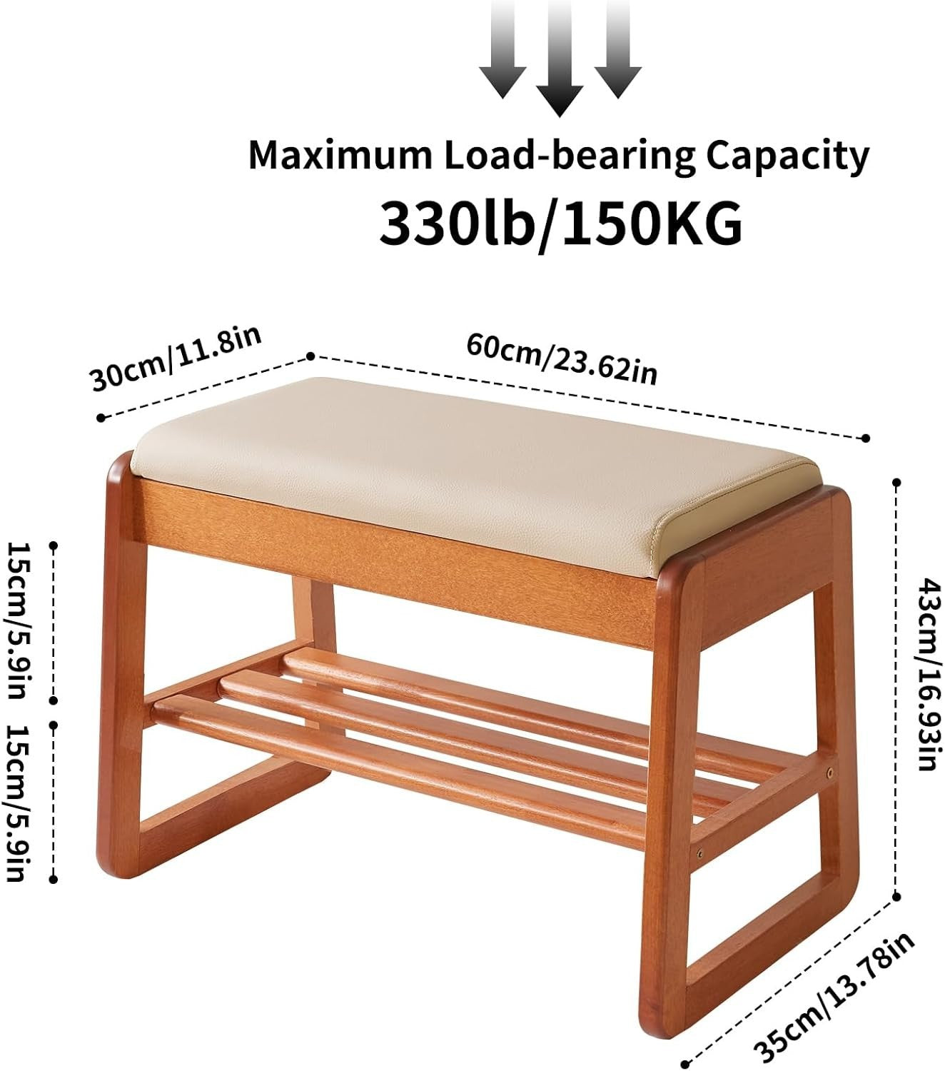 2-Tier Flip-Top Shoe Storage Bench with Padded Seat – Cherry Wood