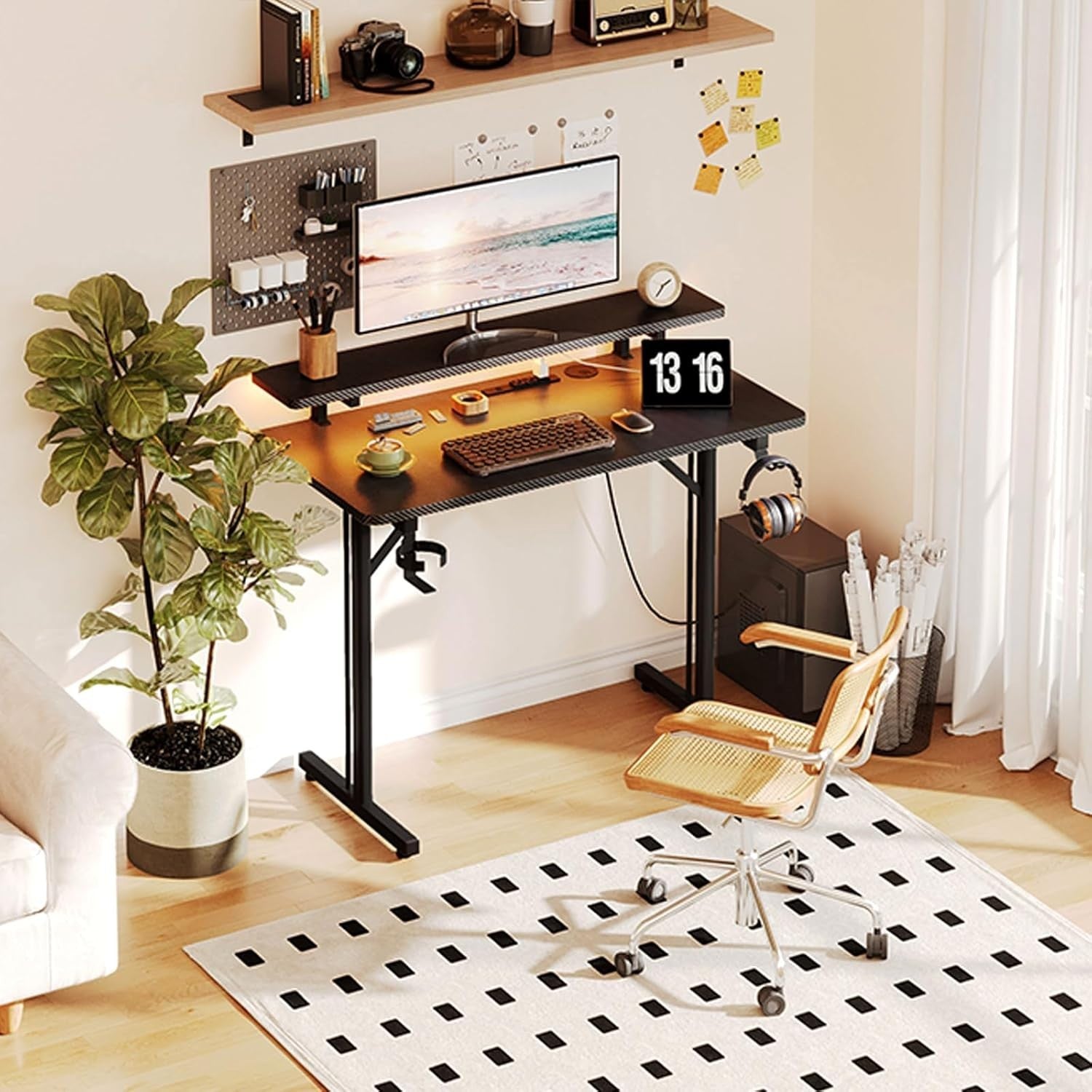LED Gaming Desk with Power Outlets, Carbon Fiber Computer Table for Home Office