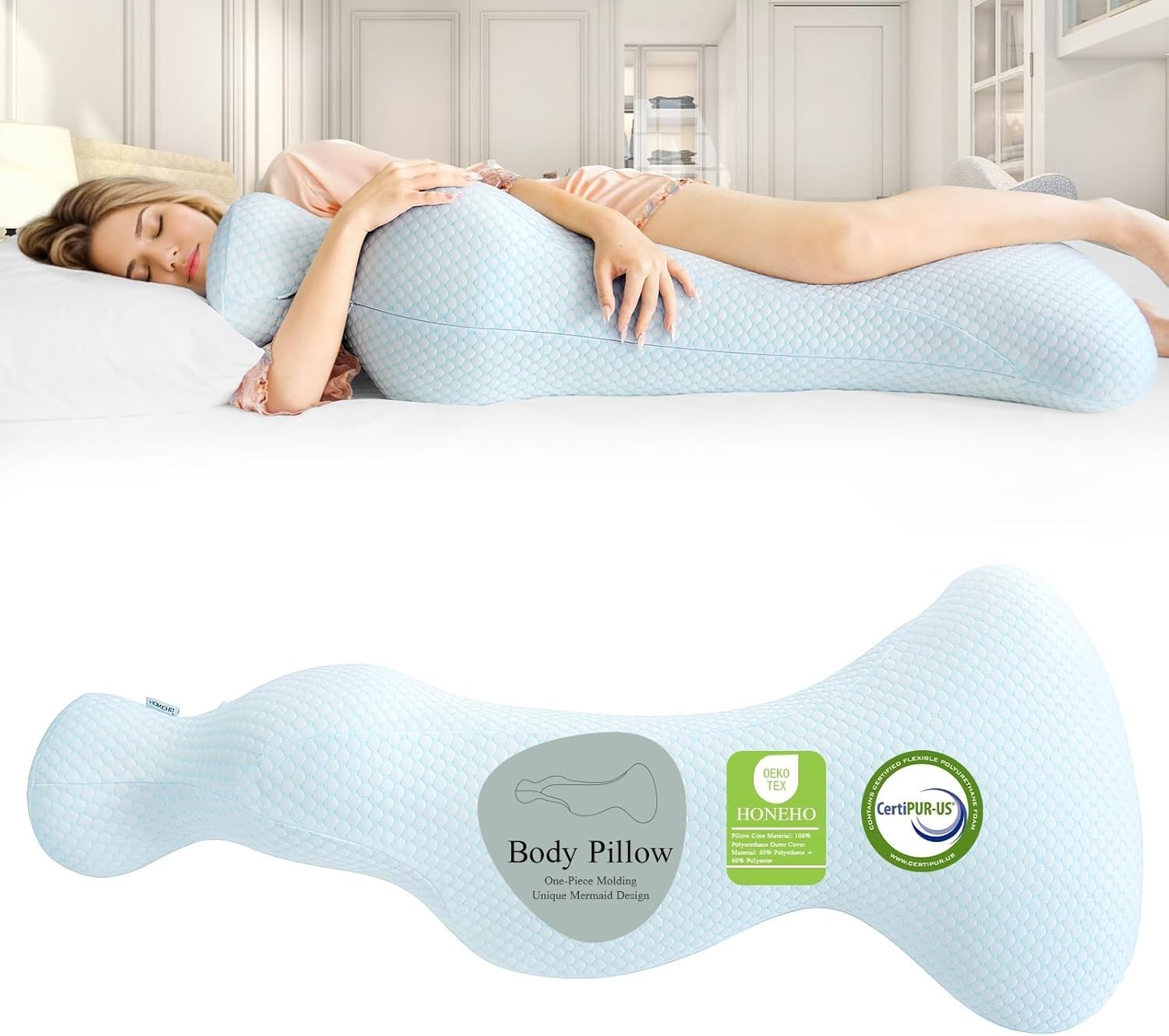 Mermaid Body Pillow for Side Sleepers Memory Foam Ergonomic Support