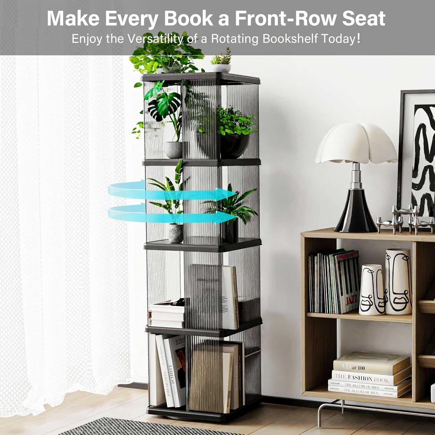 360° Rotating Plastic Bookshelf, 4-Tier Floor Standing Corner Bookcase