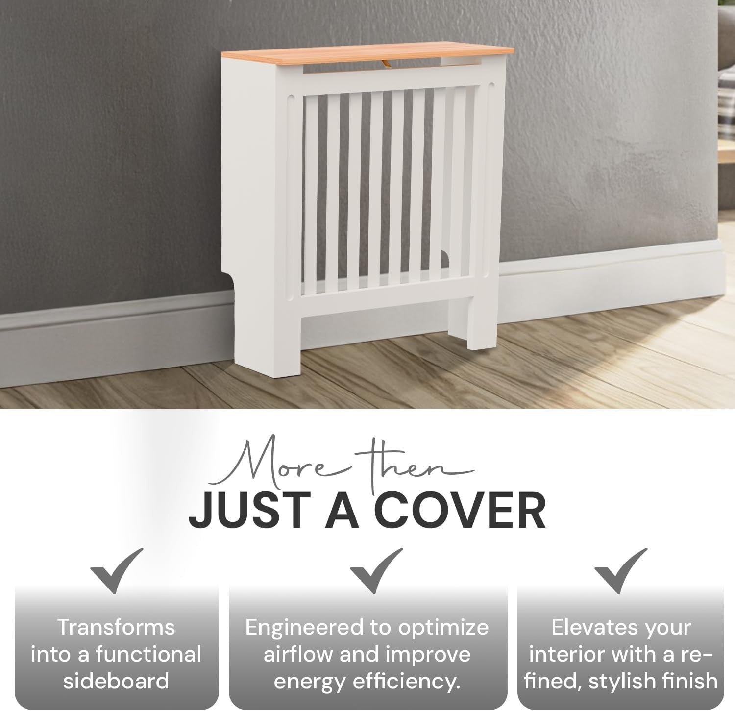 Small White Radiator Cover MDF Compact Classic Design with Oak Top Shelf