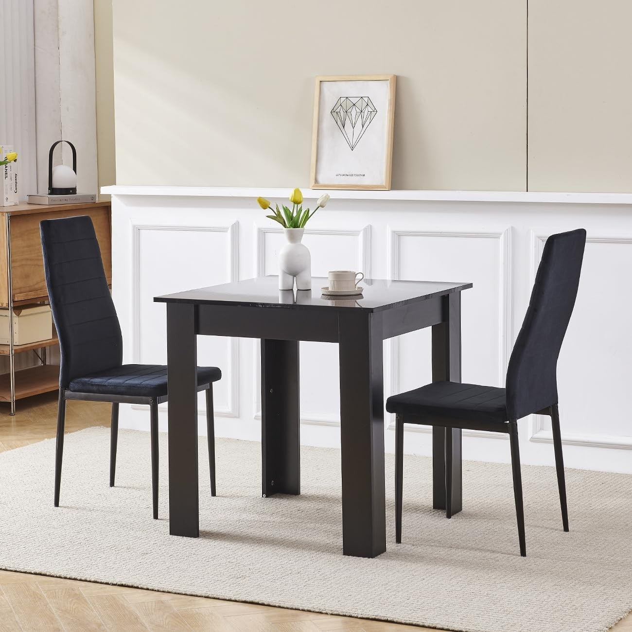 2 Seater Dining Table Set for Small Spaces – Square Table & Velvet Chairs