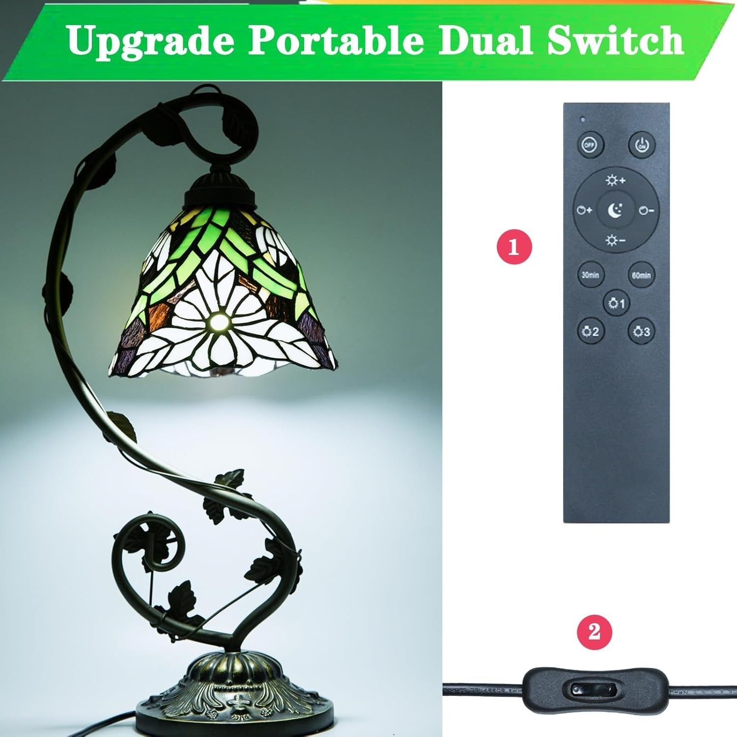 Stained Glass Table Lamp Dimmable LED Remote 3 Light Modes for Bedroom