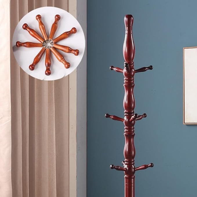 Wooden Coat Stand 9 Hooks Solid Wood Hall Tree Freestanding 185cm Teak