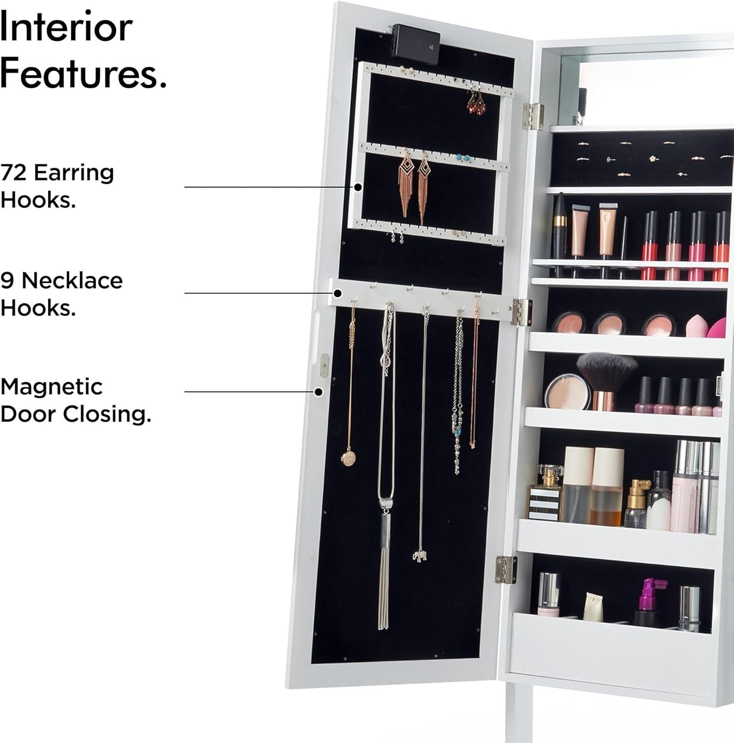 White LED Mirror Jewelry Cabinet Freestanding Tilting Storage Armoire