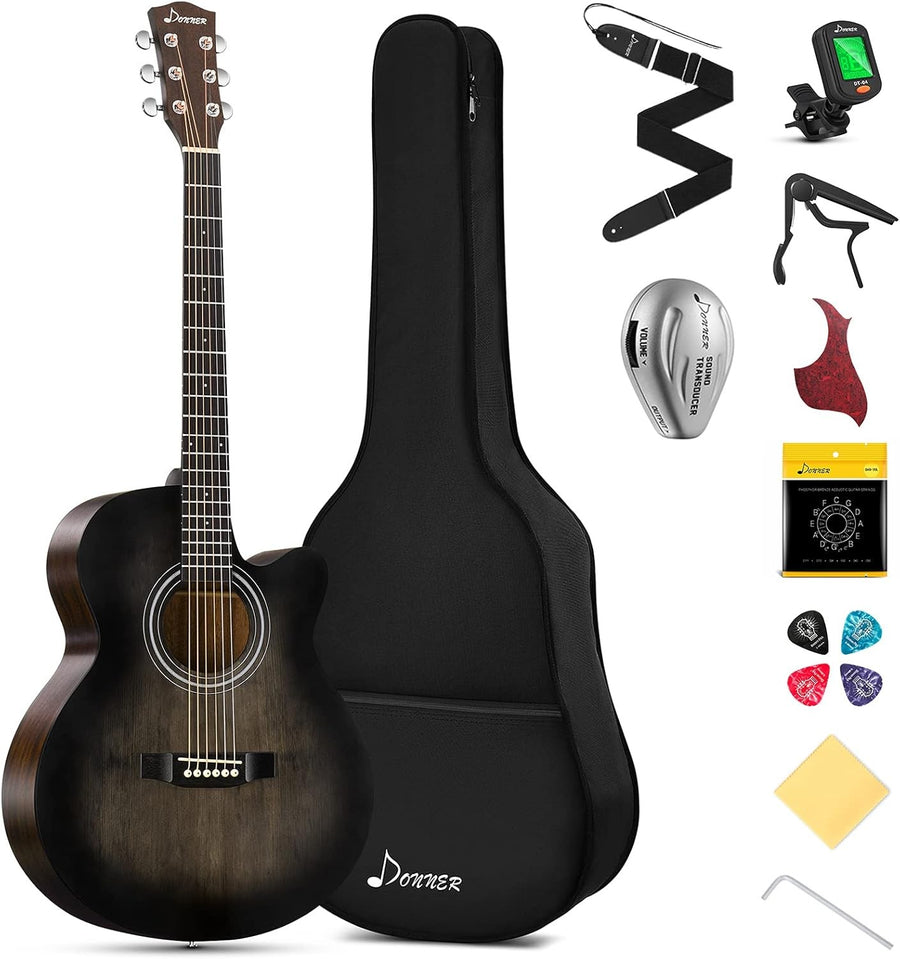 Full Size 4/4 Acoustic Guitar Starter Kit 40” Cutaway Black