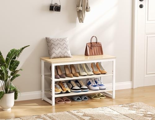 White Oak 3 Tier Shoe Rack Bench with Wooden Seat Metal Frame Storage 75x29x46cm