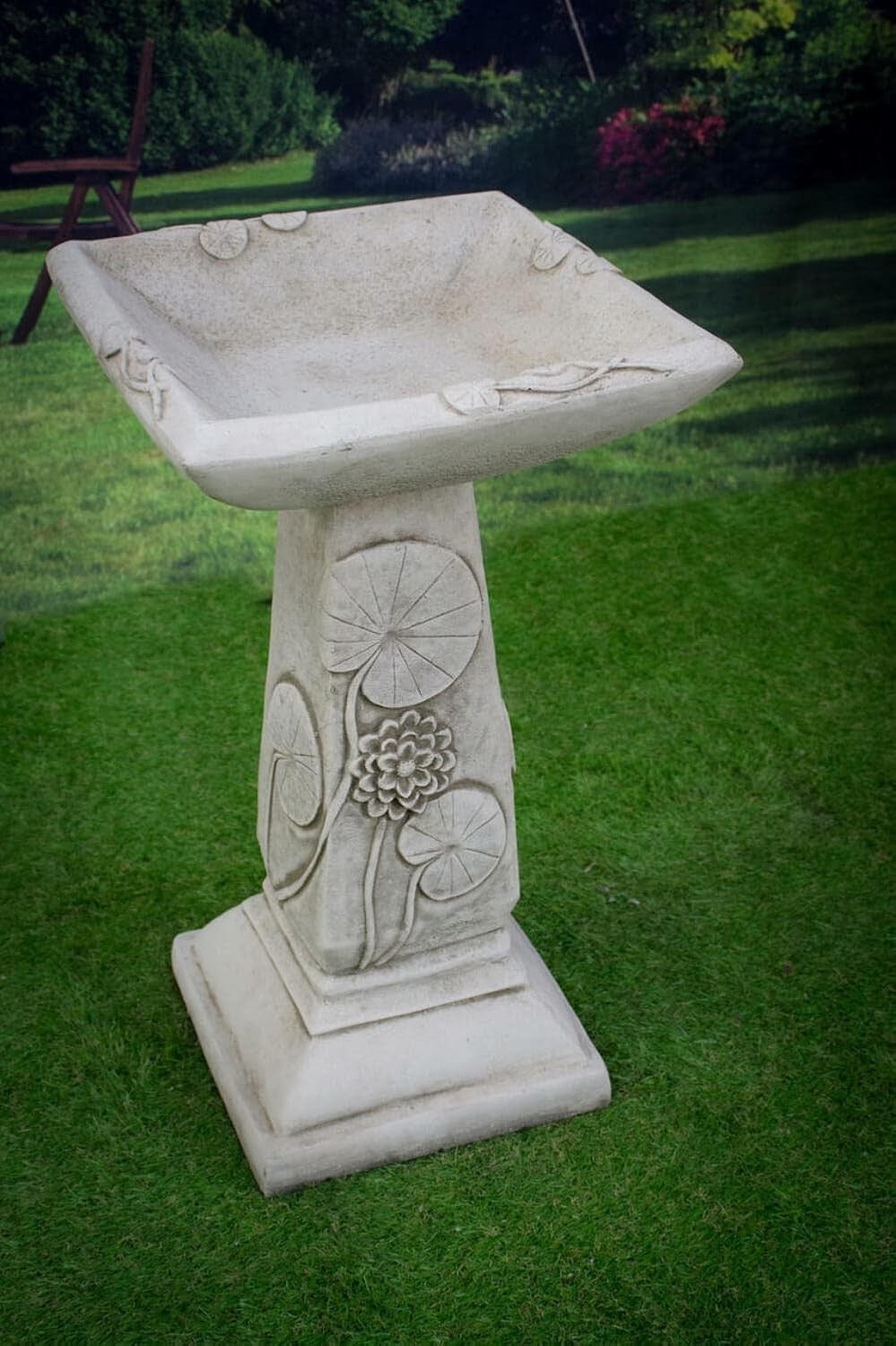 Heavy Stone Bird Bath 70kg Square Bowl | Garden Pedestal Ornament Outdoor Decor