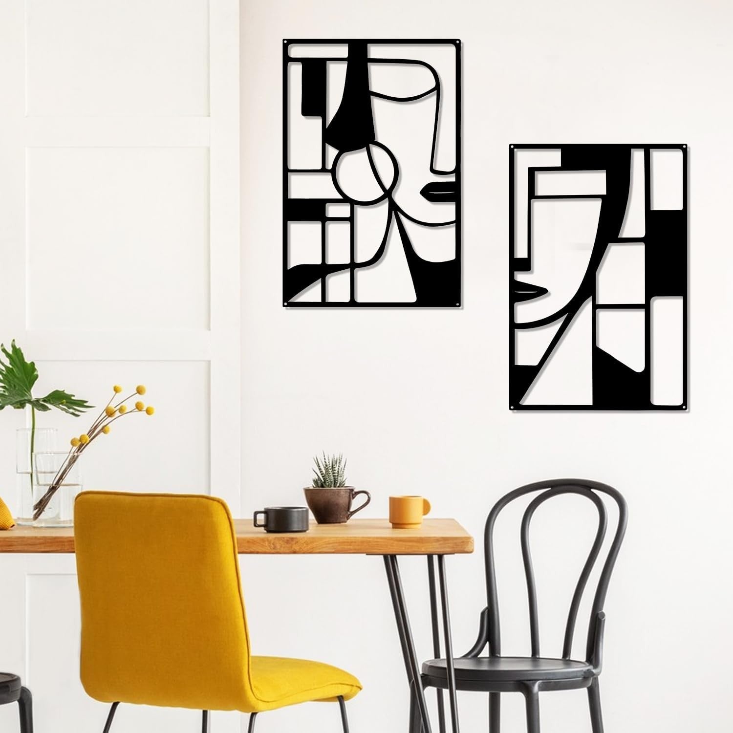 Black Metal Face Wall Art Set 2 Piece Modern Geometric Minimalist Decor
