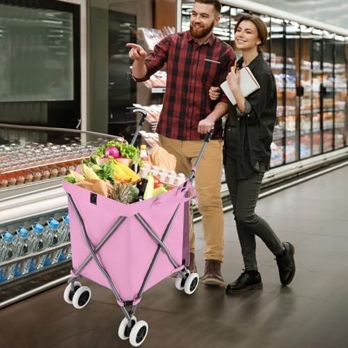 90L Folding Shopping Trolley 8 Wheels Large Push Cart Waterproof Pink
