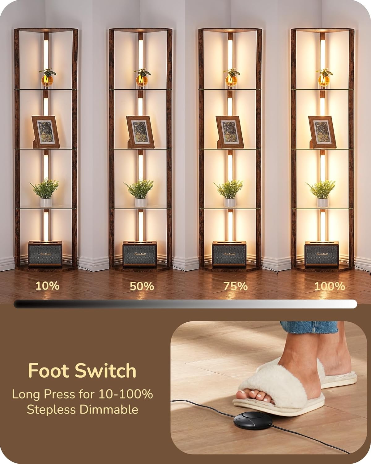 LED Floor Lamp with Glass Shelves Dimmable Corner Standing Display Light