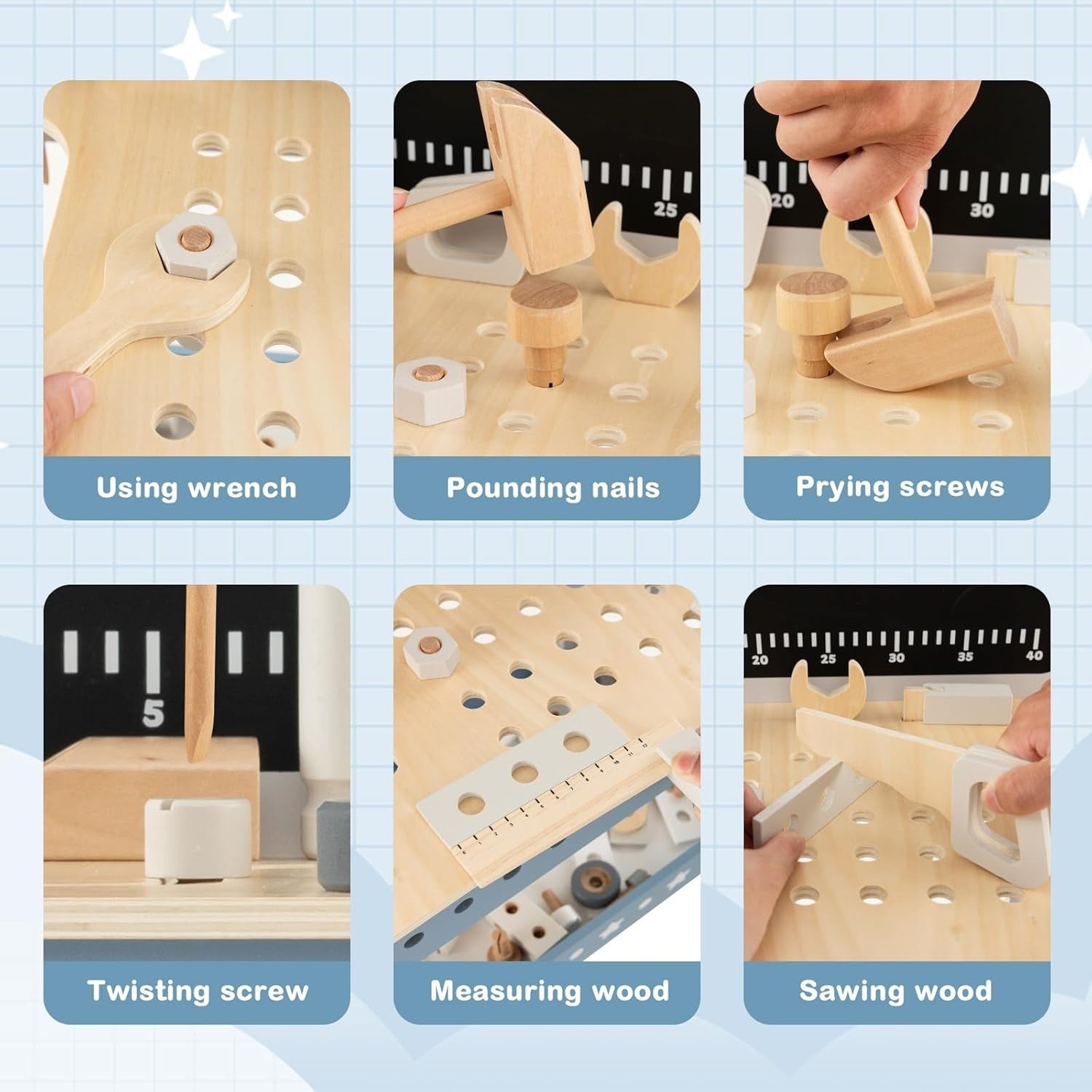 Wooden Kids Workbench Tool Set 75pcs w/ Blackboard Clock Storage Shelf 50x29