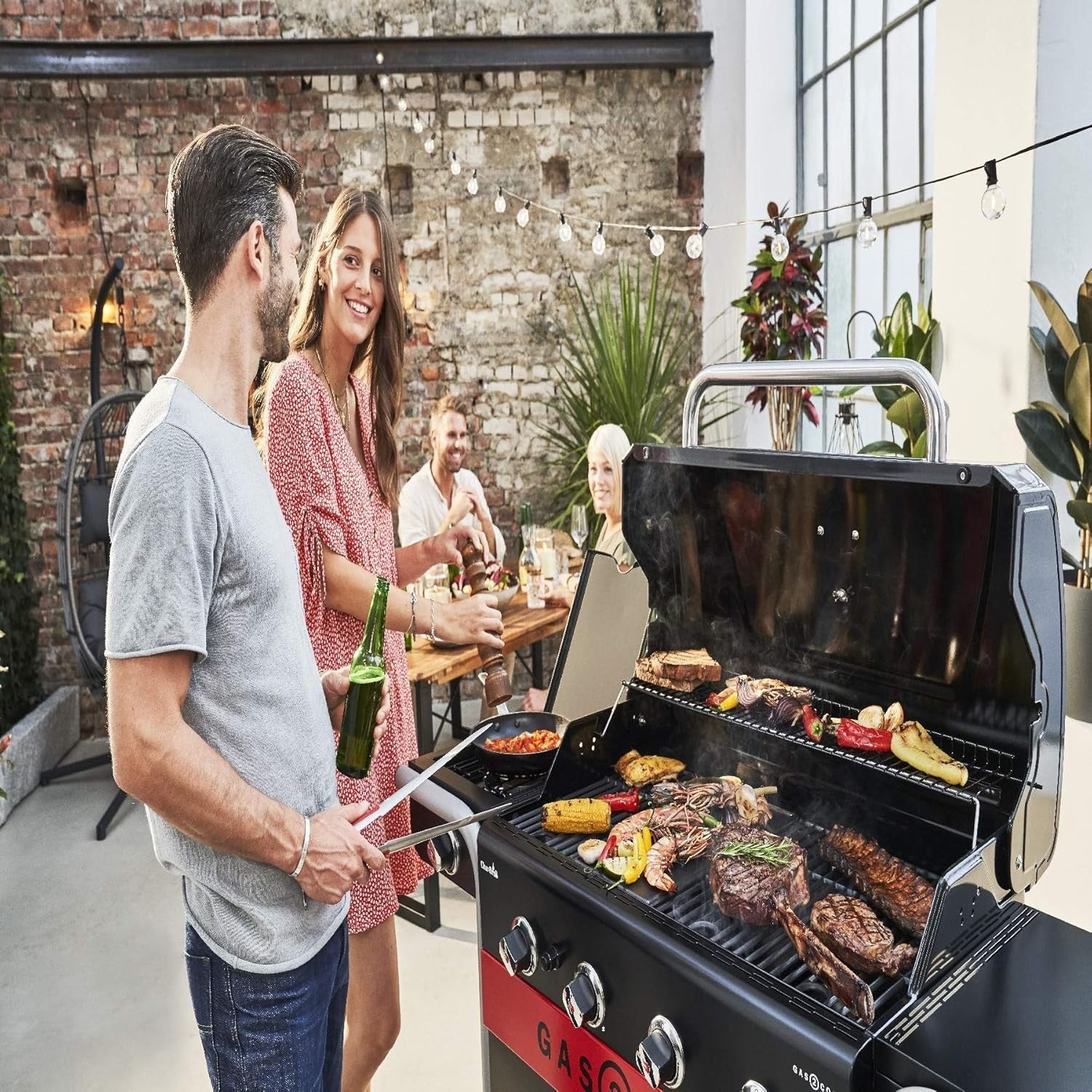 4 Burner Hybrid Gas Charcoal BBQ Grill Outdoor Family Barbecue with Side Shelves