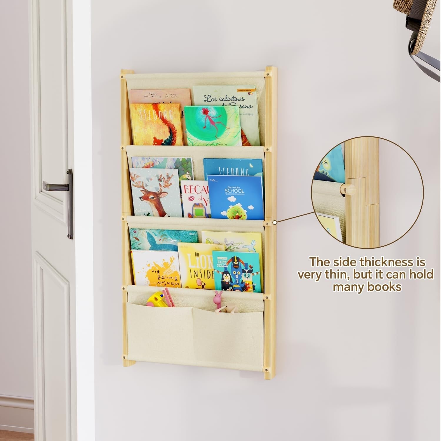 Wall Mounted Kids Bookshelf 4-Tier Solid Wood Floating Book Rack Organizer