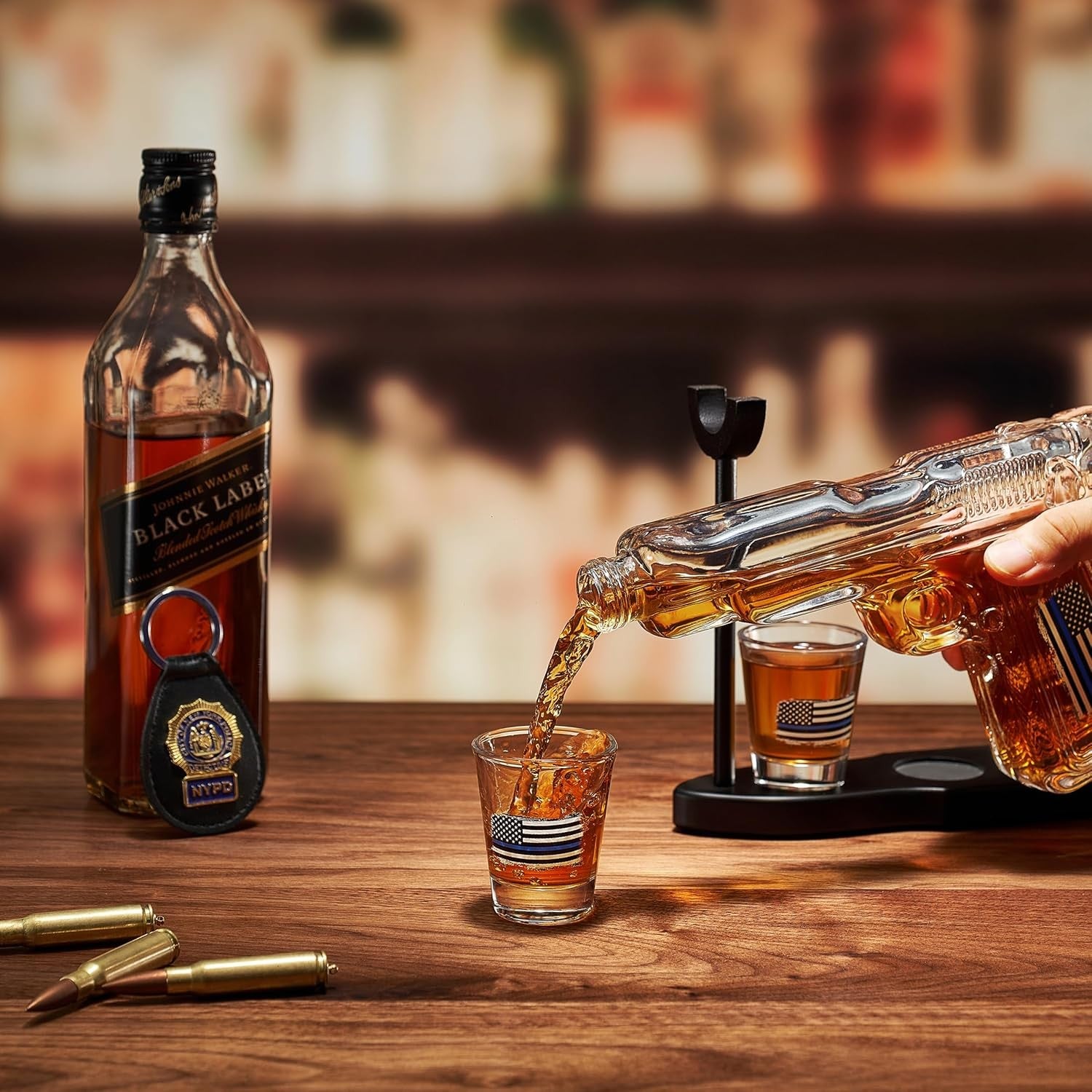 Whiskey Gun Decanter Set with Glasses & Stand – 8oz Pistol Bar Gift