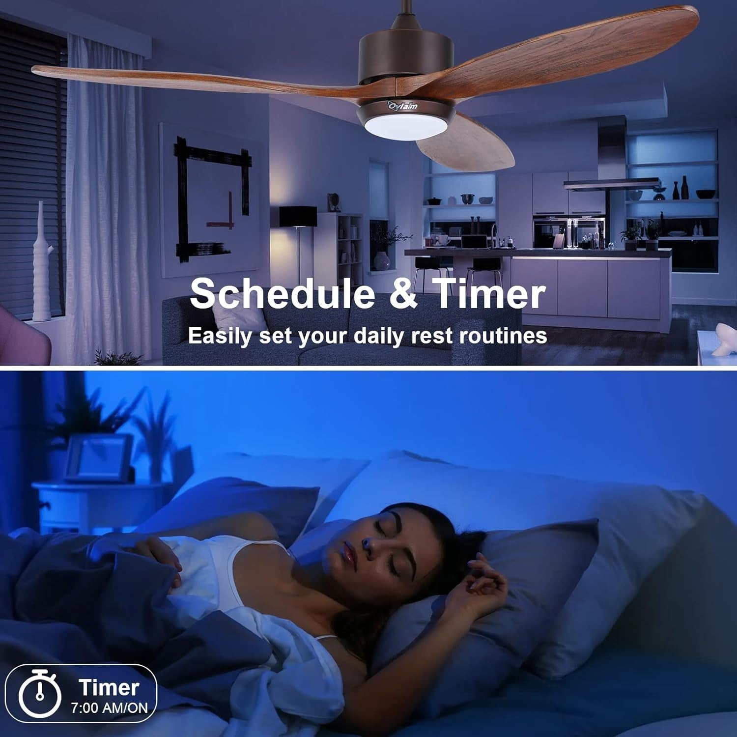 Ovlaim 132cm Wood Ceiling Fan, 3 Blades, LED Light, Quiet DC Motor, Remote