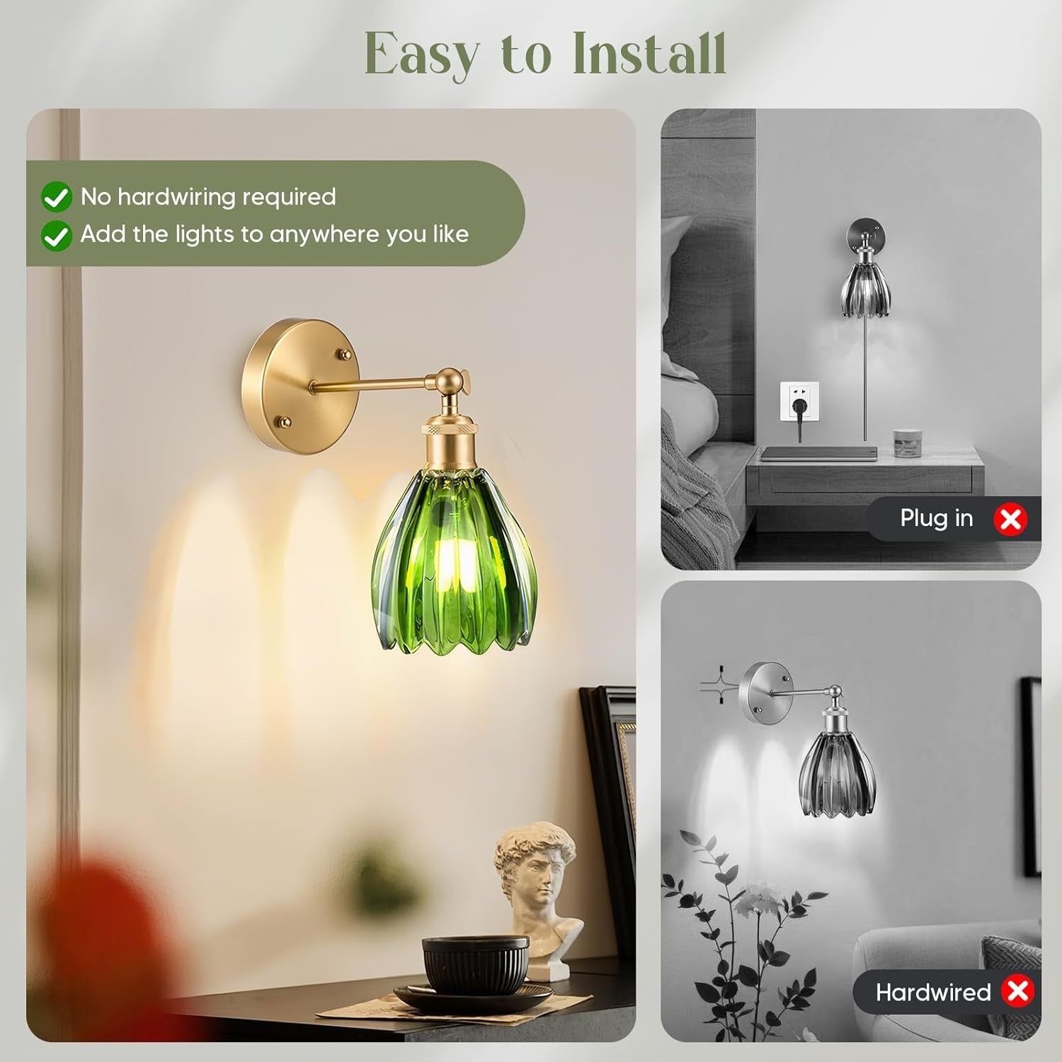 Vintage Wall Sconce Lights Set 2 Green Glass LED Wireless Dimmable Remote