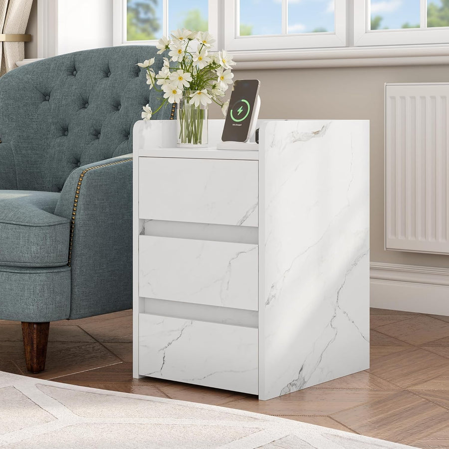 Marble White 3 Drawer Bedside Table – Modern Nightstand with USB Ports