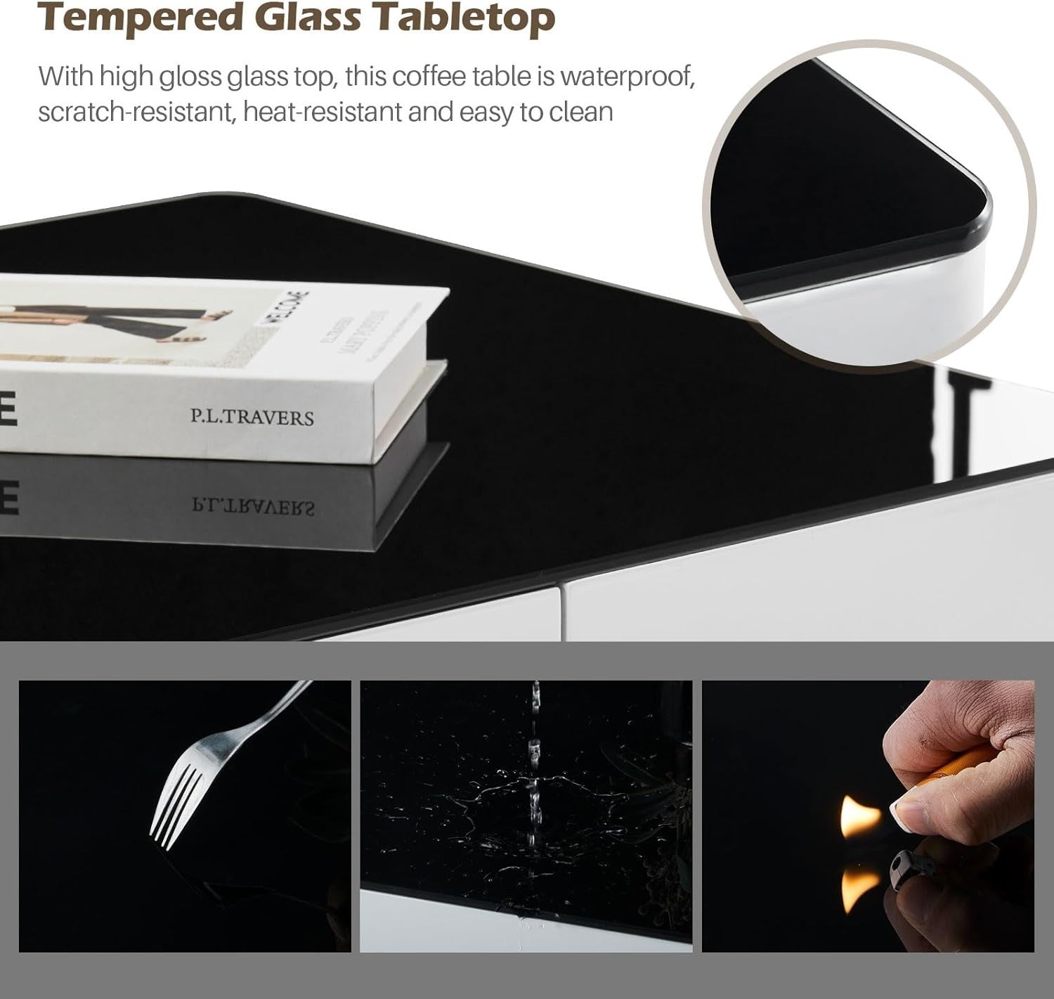 High Gloss Tempered Glass Coffee Table with 2 Drawers Storage 100x60cm