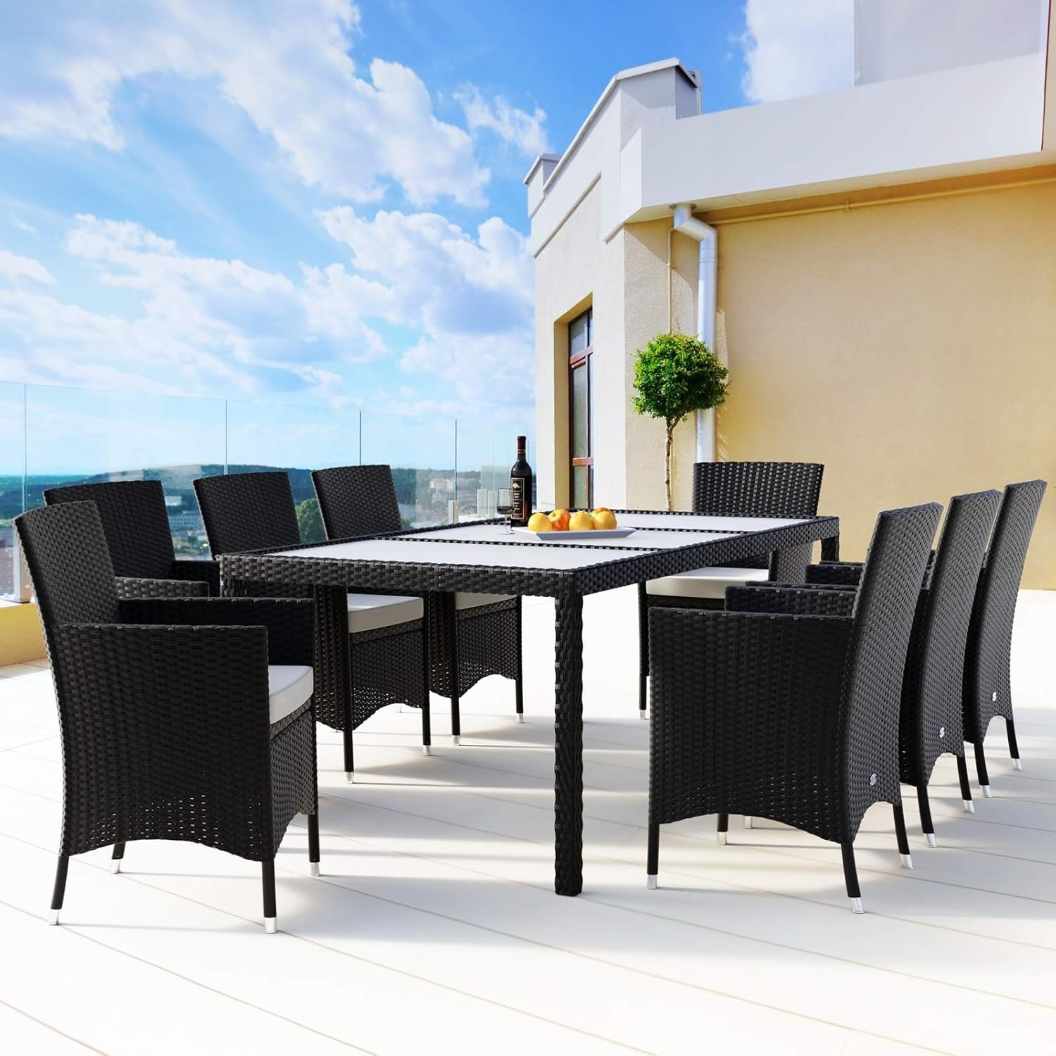 8 Seater Rattan Garden Dining Set with Cushions & Glass Table Black