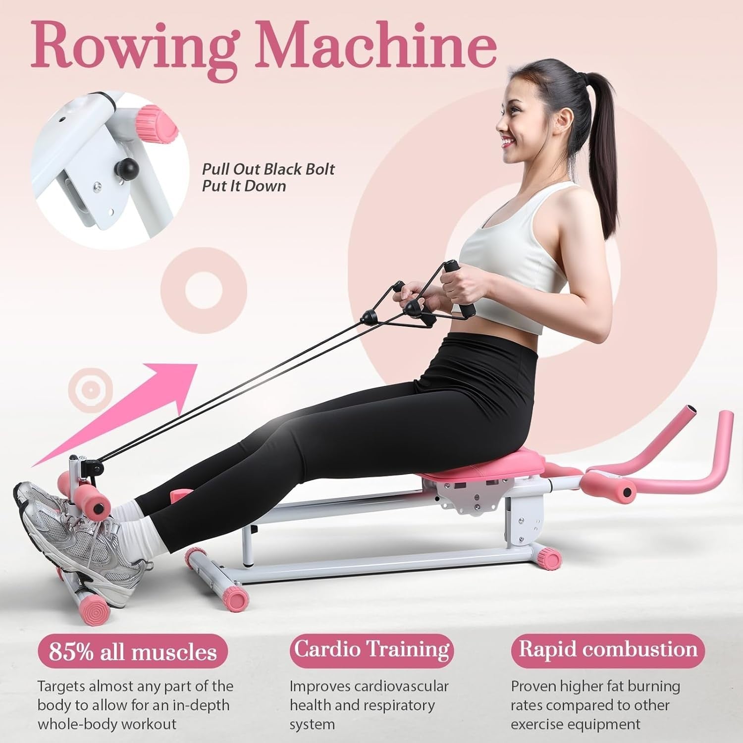 4-in-1 Rowing & Ab Machine Foldable Full Body Trainer Quiet Slide 120KG Pink