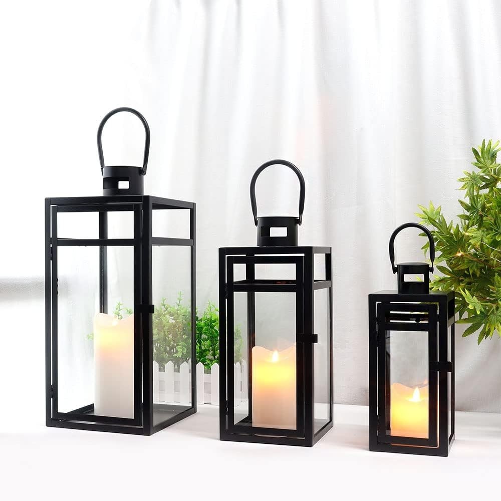 3 Pack Metal Candle Lanterns Indoor Outdoor Matte Black