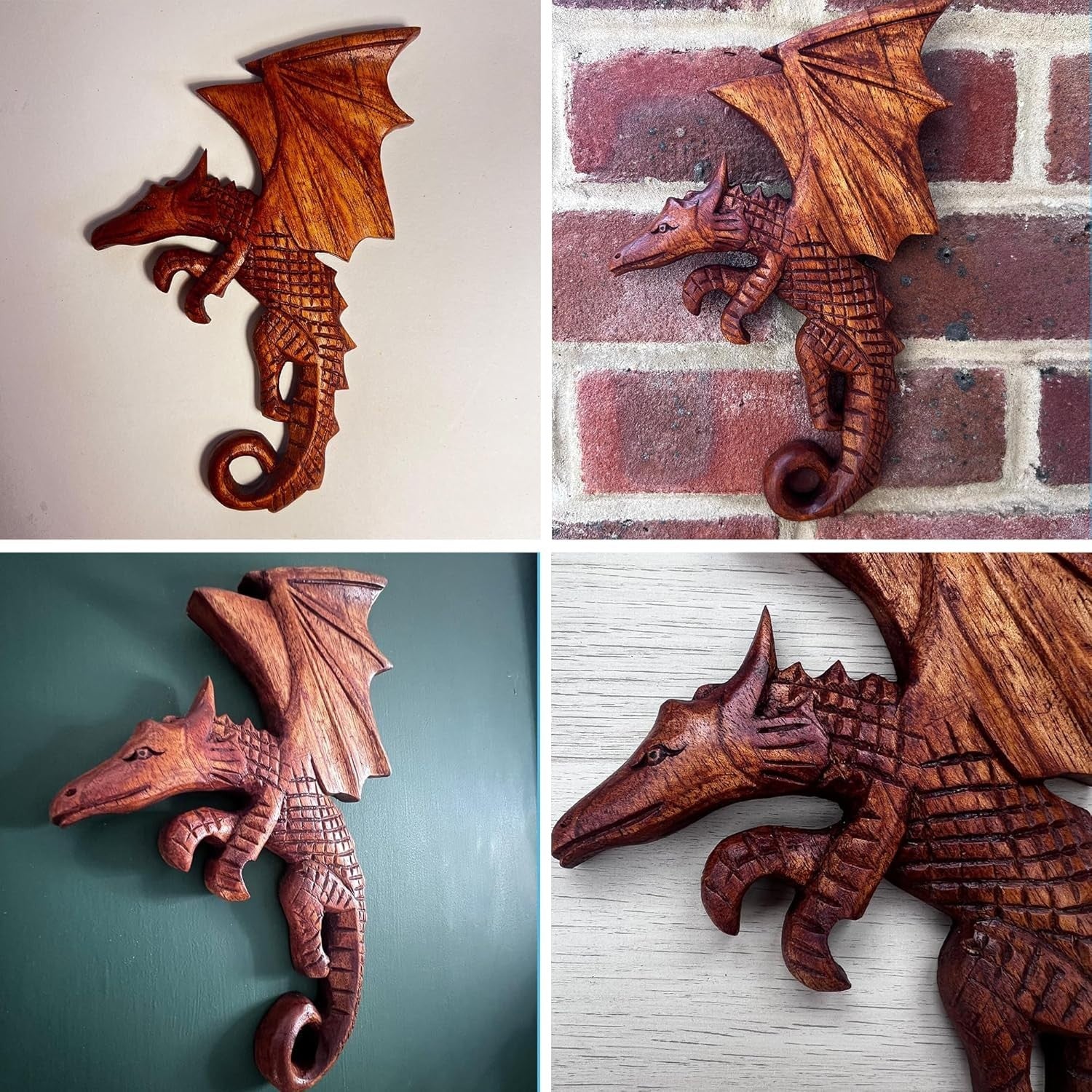 Hand-Carved Wooden Flying Dragon Wall Plaque | 23cm Ornamental Mythical