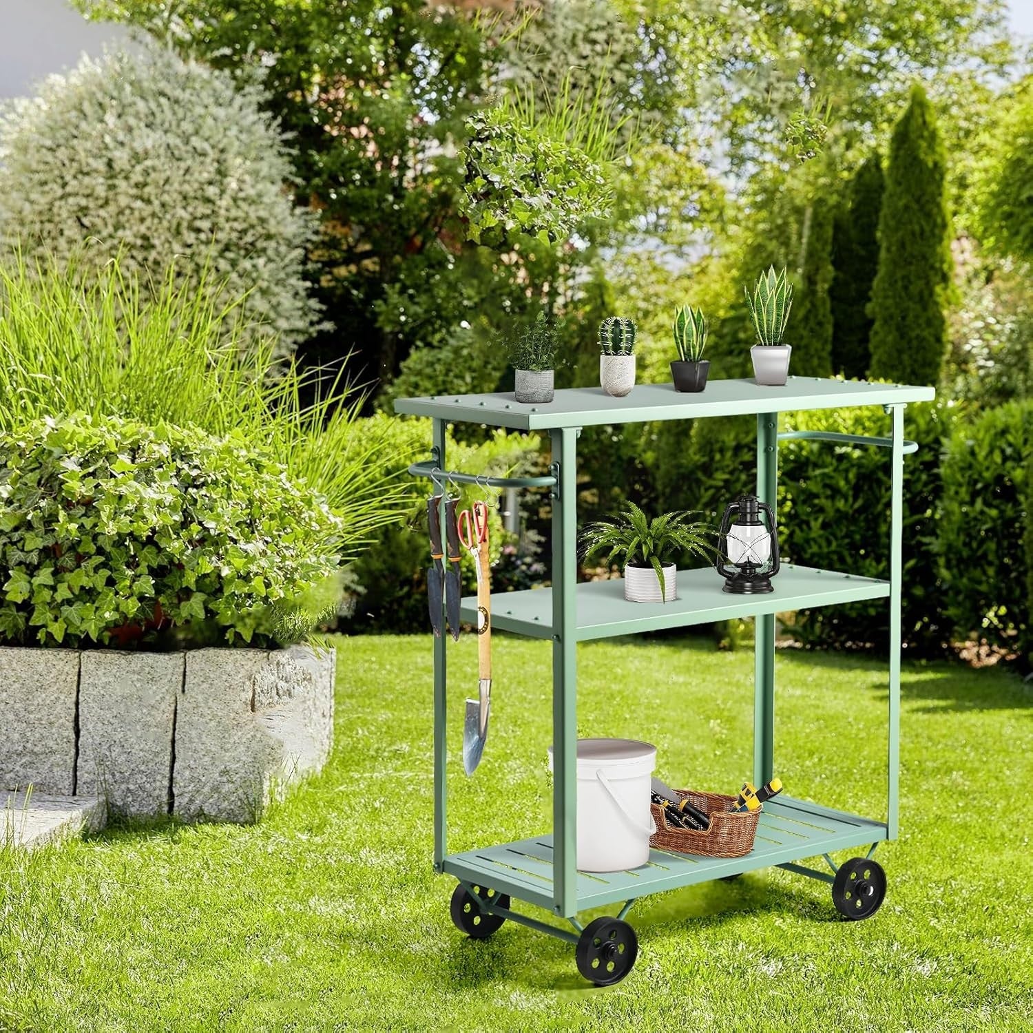 Industrial Bar Cart on Wheels 3 Tier Metal Serving Trolley Handle