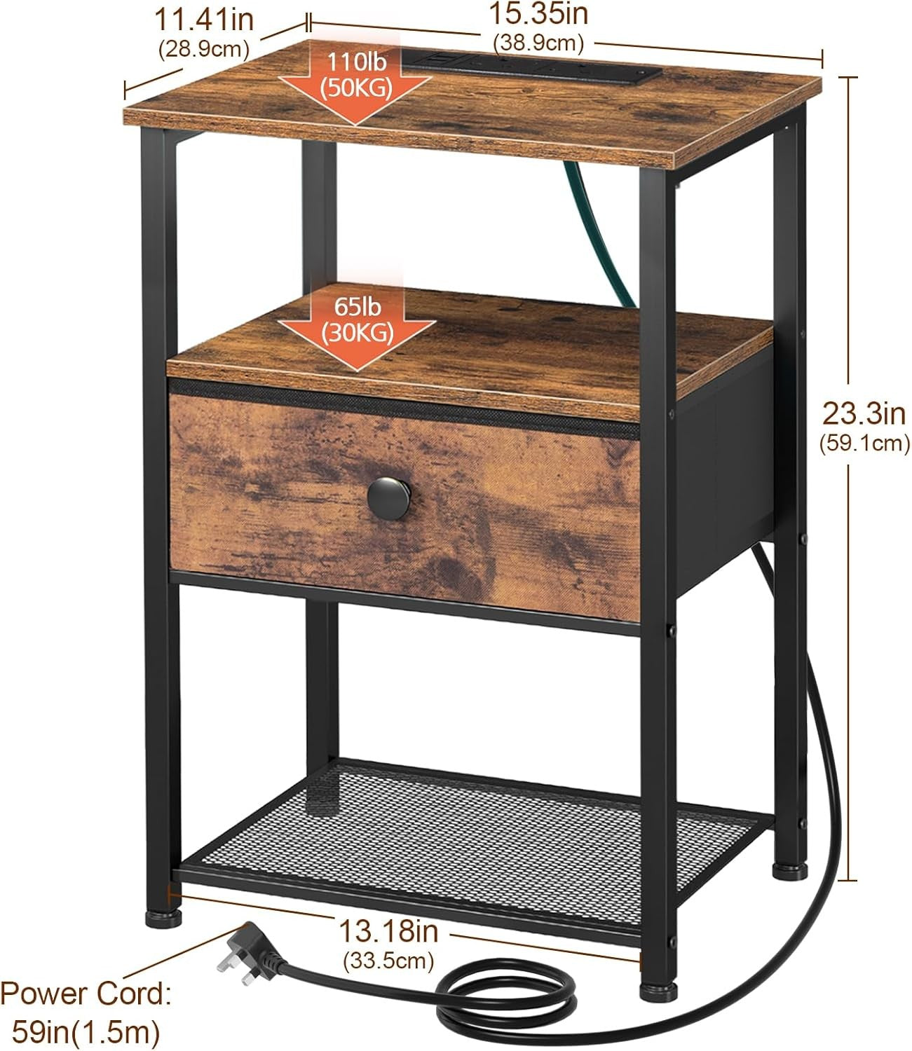Set of 2 Bedside Tables with Charging Station, Fabric Drawer & Storage Shelf Bro
