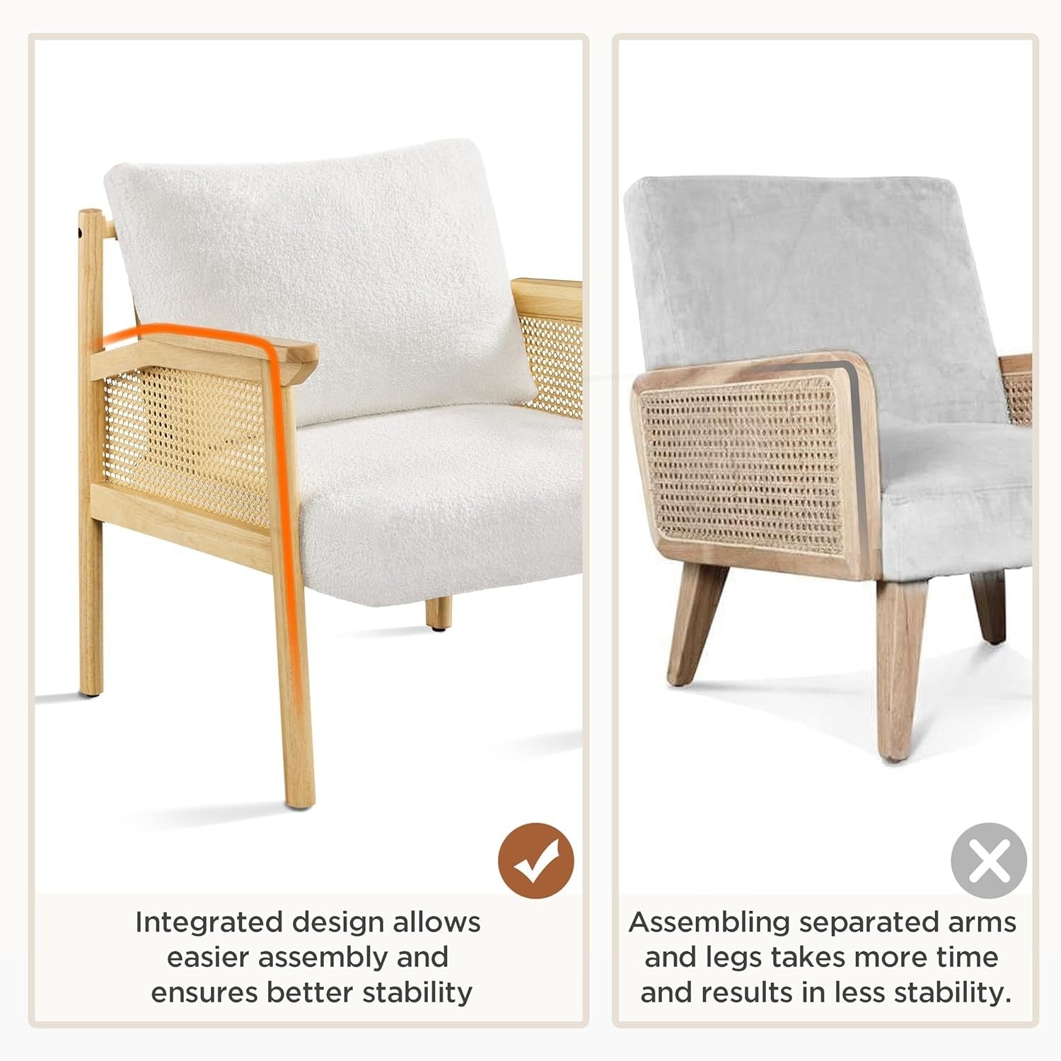 Boucle Accent Chair Rattan Armchair Wooden Frame Lounge Bedroom Seating