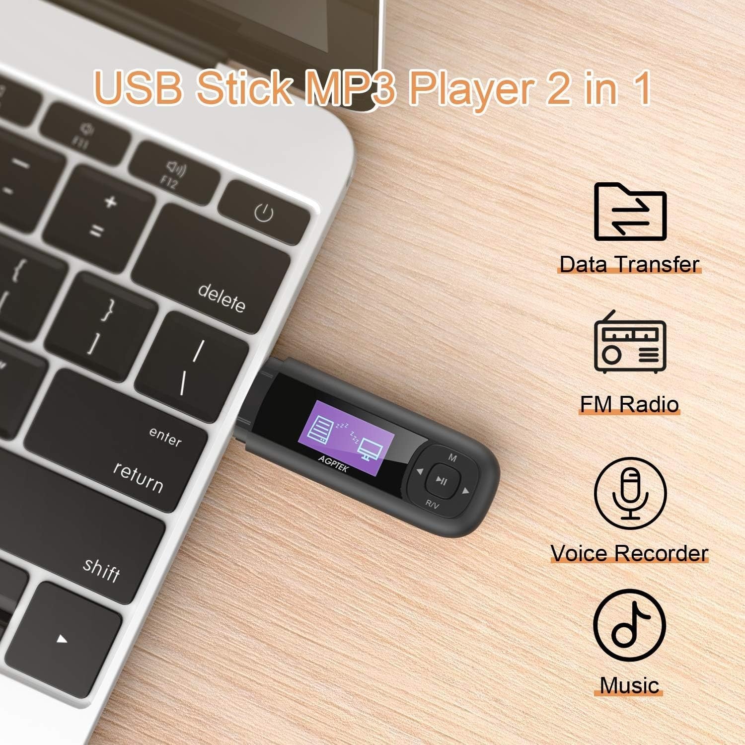 AGPTEK 8GB Portable MP3 Player with USB, FM Radio & Voice Recorder – Black