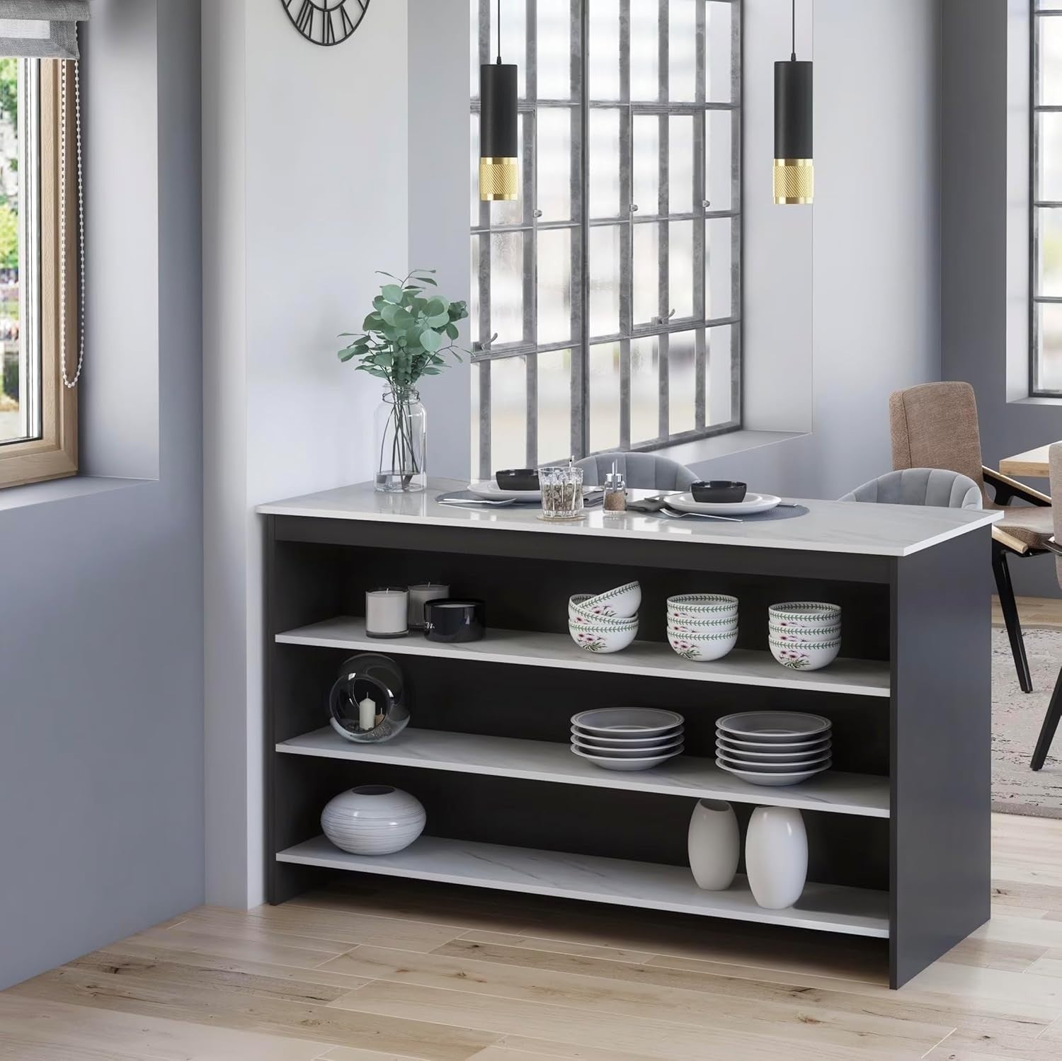 Graphite & Marble Kitchen Island with Breakfast Bar, Open Shelves & Storage